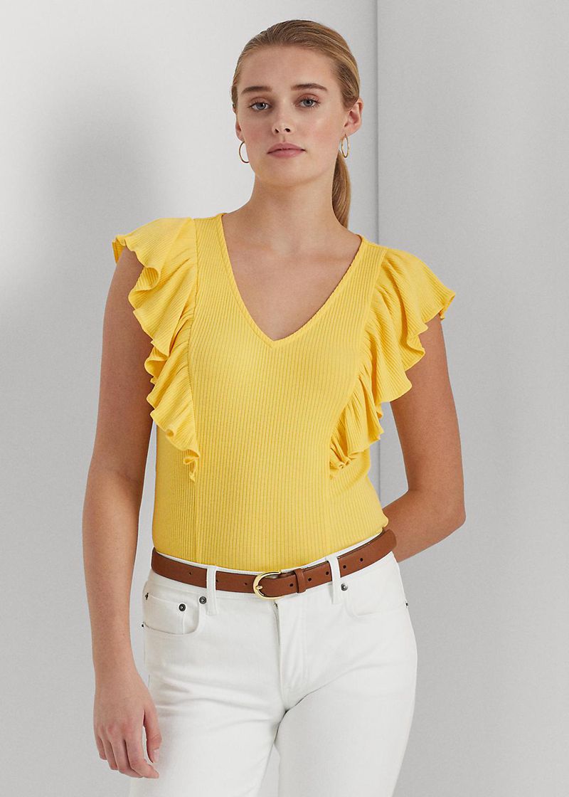ローレン T シャツ レディース 黄色 Ruffle-trim Rib-knit PGFDC7285